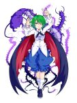  1girl antennae aqua_eyes arms_up baggy_shorts breasts cape centipede green_hair hair_over_one_eye highres ishimu large_breasts long_sleeves open_mouth shirt solo touhou walking wriggle_nightbug 