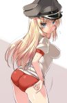  1girl alternate_costume ass bismarck_(kantai_collection) blonde_hair blue_eyes blush breasts buruma gym_uniform hat highres impossible_clothes impossible_shirt kantai_collection large_breasts long_hair looking_at_viewer military_hat oota_yuuichi peaked_cap simple_background solo white_background 