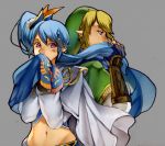  1boy 1girl back-to-back blonde_hair blue_eyes blush fingerless_gloves gloves hair_ornament lana_(zelda_musou) link long_hair midriff navel neaze pointy_ears side_ponytail smelling_hair the_legend_of_zelda vambraces very_long_hair violet_eyes zelda_musou 