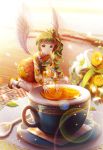  1girl boots cup curly_hair flower food food_themed_clothes green_eyes green_hair hair_ornament hairpin long_hair looking_at_viewer minigirl original ribbon saban side_ponytail smile solo spoon teacup wings 