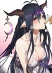  1girl bandages bare_shoulders blush breasts cleavage danua dress finger_sucking gradient gradient_background granblue_fantasy hair_between_eyes heavy_breathing horn_ornament horns jewelry large_breasts leaning_forward long_hair mikurou_(nayuta) necklace payot pointy_ears purple_hair red_eyes simple_background sitting solo_focus strap_gap sweat very_long_hair white_dress 