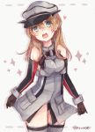  1girl :d bare_shoulders bismarck_(kantai_collection) bismarck_(kantai_collection)_(cosplay) blonde_hair blush brown_gloves cosplay detached_sleeves gloves green_eyes grey_legwear hat heart kantai_collection long_hair military military_uniform open_mouth peaked_cap prinz_eugen_(kantai_collection) riruno smile solo sparkle thigh-highs twitter_username uniform 