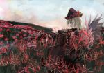  1girl black_dress blonde_hair bow capelet dress fairy fairy_wings field flower flower_field hat hat_bow ichiba_youichi lily_black lily_white long_hair long_sleeves nature profile sky smile solo spider_lily touhou wide_sleeves wings 
