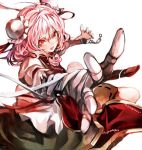  1girl bandages bun_cover chain double_bun flower hair_bun ibaraki_kasen kozou_(soumuden) looking_at_viewer open_mouth outstretched_arm pink_eyes pink_hair puffy_sleeves ribbon rose shirt short_hair short_sleeves simple_background skirt solo tabard touhou vest white_background 