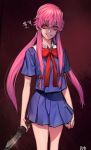  1girl gasai_yuno knife long_hair mirai_nikki pink_hair red_eyes rod4817 school_uniform solo 