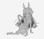  all_fours animal_ears detached_sleeves elin_(tera) gloves long_hair mask monochrome ninja no_tail rabbit_ears sandals shuf smile tera_online thigh-highs 