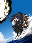  1girl akatsuki_(kantai_collection) black_eyes black_hair cannon clouds cloudy_sky commentary_request explosion flat_cap hat highres kantai_collection long_hair machinery ocean one_eye_closed open_mouth pantyhose pleated_skirt school_uniform serafuku skirt sky splashing tears turret usui_harusame walking walking_on_water 