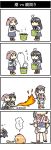  4girls 4koma ahoge akebono_(kantai_collection) alternate_costume anger_vein black_eyes black_hair blowtorch broom bucket comic crab fire food growth hiya_gohan kantai_collection mochi multiple_girls oboro_(kantai_collection) orange_hair pink pink_eyes pink_hair purple_hair sazanami_(kantai_collection) translation_request ushio_(kantai_collection) violet_eyes wagashi 