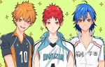  3boys akashi_seijuurou blue_eyes blue_hair brown_eyes brown_hair crossover haikyuu!! hinata_shouyou kuroko_no_basuke manami_sangaku multiple_boys multiple_crossover orange_eyes orange_hair rod_(rod4817) sparkle uniform yowamushi_pedal 