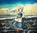  1girl arm_rest arm_support blue_sky boots brown_eyes clouds forest frilled_skirt frills hat knee_boots leaning_back letty_whiterock long_sleeves looking_at_viewer marker_(medium) millipen_(medium) mixed_media mountain nature outdoors shiratama_(hockey) short_hair silver_hair skirt skirt_hold sky smile snow solo stone_wall touhou traditional_media vest wall 