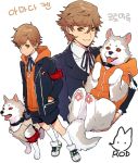  2boys amada_ken brown_eyes brown_hair collar dog dual_persona koromaru multiple_boys persona persona_3 persona_4:_the_ultimate_in_mayonaka_arena persona_4:_the_ultimax_ultra_suplex_hold rod_(rod4817) school_uniform shoes sneakers vest 