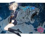  1boy burning_eyes constellation gokotai hair_over_one_eye hat male_focus military military_uniform necktie short_hair shorts sky solo star star_(sky) tiger touken_ranbu unaken uniform white_hair white_tiger yellow_eyes 