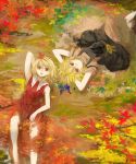  2girls aki_minoriko aki_shizuha arms_behind_head autumn blonde_hair dress food from_above fruit grapes hair_ornament highres leaf leaf_hair_ornament looking_at_viewer lying multiple_girls open_mouth red_eyes short_hair siblings sisters smile tlman touhou 