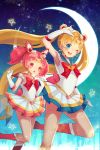  2girls \m/ bishoujo_senshi_sailor_moon blonde_hair blue_eyes boots brooch chibi_usa circlet heart highres jewelry knee_boots multiple_girls one_eye_closed pink_hair red_boots red_bow red_eyes sailor_chibi_moon sailor_moon skirt standing_on_one_leg super_sailor_chibi_moon super_sailor_moon tsukino_usagi twintails 