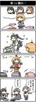  4koma ahoge akebono_(kantai_collection) alternate_costume black_eyes black_hair broom cart comic crab food hair_ribbon hammer hat hiya_gohan irako_(kantai_collection) kantai_collection lightbulb multiple_girls oboro_(kantai_collection) onigiri orange_eyes orange_hair pink_eyes pink_hair purple_hair ribbon rice_bowl santa_hat sazanami_(kantai_collection) sparkle sword thought_bubble translation_request ushio_(kantai_collection) violet_eyes weapon 