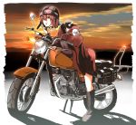  1girl bow cape clouds disembodied_head goggles_on_hat hair_bow helmet long_sleeves motor_vehicle motorcycle motorcycle_helmet red_eyes redhead sekibanki shika_miso short_hair skirt sky smile solo spine sunset touhou vehicle 