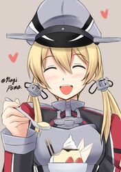  1girl anchor_hair_ornament blonde_hair closed_eyes fuuma_nagi hat kantai_collection long_hair military military_uniform peaked_cap prinz_eugen_(kantai_collection) pudding spoon twintails twitter_username uniform 