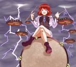  1girl breasts collared_shirt crossed_legs drum drumsticks highres hinagami horikawa_raiko instrument jacket lightning looking_at_viewer necktie open_mouth plaid plaid_shirt redhead shoes short_hair sitting_on_drum skirt smile solo touhou violet_eyes 