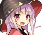  1girl alternate_hair_length alternate_hairstyle blush bowl lavender_hair long_hair looking_at_viewer object_on_head open_mouth pink_eyes portrait shinoba simple_background smile solo sukuna_shinmyoumaru text touhou white_background 