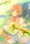  1boy 1girl black_hair book closed_eyes estellise_sidos_heurassein flower green_eyes long_hair looking_at_viewer nbkc pink_hair short_hair tales_of_(series) tales_of_vesperia yuri_lowell 