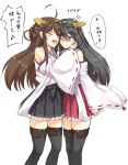  2girls bare_shoulders black_hair black_skirt blush brown_hair detached_sleeves fang hair_ornament hairclip haruna_(kantai_collection) headgear highres japanese_clothes kantai_collection kongou_(kantai_collection) kuronagi long_hair multiple_girls nontraditional_miko one_eye_closed open_mouth petting pleated_skirt red_skirt sketch skirt thigh-highs translated 