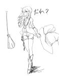  1girl alternate_costume boots bow braid broom choker hat hat_bow hat_removed headwear_removed holding holding_hat jacket kinketsu kirisame_marisa long_hair looking_at_viewer monochrome shorts side_braid sketch touhou tsurime white_background witch_hat wristband 