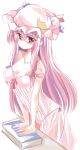  1girl alternate_costume artist_name book bow colored crescent dress hair_bow hair_ornament hat hat_bow looking_at_viewer matsuri_uta midriff mob_cap navel off_shoulder panties patchouli_knowledge purple_hair see-through simple_background sketch sleeveless solo striped striped_dress touhou underwear violet_eyes white_background 