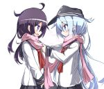  2girls ahoge akatsuki_(kantai_collection) beize_(garbage) black_hair blue_hair bust eye_contact hat hat_removed headwear_removed heavy_breathing hibiki_(kantai_collection) kantai_collection long_hair looking_at_another multiple_girls neckerchief open_mouth scarf school_uniform serafuku shared_scarf silver_hair skirt smile very_long_hair violet_eyes 