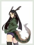  1girl ass black_hair black_legwear cowboy_shot dragon_horns dragon_tail eyebrows fusou_empire_princess horns long_hair long_sleeves military military_uniform simple_background solo strike_witches strike_witches_zero swimsuit swimsuit_under_clothes tail thick_eyebrows thigh-highs uniform uno_ichi very_long_hair white_background 