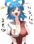 1girl 7-eleven :d alternate_costume blue_eyes blue_hair breasts cleavage employee_uniform hair_ornament hair_rings hair_stick heart kaku_seiga kinketsu looking_down open_mouth shirt short_hair short_sleeves simple_background smile solo text touhou translated uniform white_background 