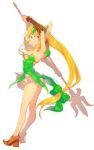  1girl arm_warmers armor armpits blonde_hair blue_eyes bow breasts cleavage full_body hair_bow headgear highres long_hair looking_at_viewer mckeee pauldrons polearm riesz seiken_densetsu seiken_densetsu_3 simple_background solo spear tears very_long_hair weapon white_background 