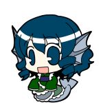  1girl animal_ears blue_eyes blue_hair chibi drill_hair head_fins japanese_clothes kimono mermaid monster_girl obi open_mouth sash short_hair simple_background smile socha solo touhou wakasagihime white_background 