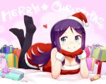  1girl alternate_costume bare_shoulders black_legwear blue_eyes blush_stickers breasts candy chin_rest cleavage dated dot_nose elbow_rest fur_trim gift gloves hair_ornament hairclip hat heart interlocked_fingers kanojo_ga_flag_wo_oraretara large_breasts long_hair looking_at_viewer lying merry_christmas nagian no_shoes on_bed on_stomach pantyhose pink_background purple_hair red_gloves santa_costume santa_hat seiteikouji_mimori signature sleeveless smile solo star 