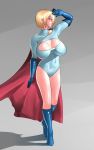  blonde_hair blue_eyes bodysuit boots breasts cape cleavage_cutout dc_comics gloves highres huge_breasts large_breasts power_girl short_hair thighs zxc 