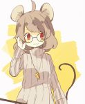  1girl ahoge alternate_costume animal_ears bespectacled cheese daizu_(melon-lemon) dowsing_rod glasses grey_hair mouse_ears mouse_tail nazrin red_eyes short_hair solo sweater tail touhou 