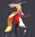  1girl :d black_legwear blonde_hair breasts character_request chromatic_aberration cleavage fox_tail full_body hakama hakama_skirt highres japanese_clothes kinketsu long_hair long_sleeves nontraditional_miko open_clothes open_mouth pantyhose petals red_skirt sandals skirt smile solo tail very_long_hair yellow_eyes 