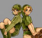  1boy 1girl back-to-back blonde_hair blue_eyes green_hair grey_background hairband hat indian_style kokiri link neaze ocarina_of_time pointy_ears ribbed_sweater saria short_hair shorts sitting smile sweater the_legend_of_zelda tunic turtleneck young_link 