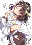  1girl arched_back breasts brown_eyes brown_hair brown_legwear bust cleavage clipboard detached_sleeves glasses hand_on_own_cheek hand_on_own_face headgear holding kantai_collection kirishima_(kantai_collection) looking_at_viewer neropaso no_legwear nontraditional_miko pleated_skirt ribbon-trimmed_sleeves ribbon_trim semi-rimless_glasses side_glance side_slit simple_background sketch skirt solo thigh-highs translation_request under-rim_glasses white_background zettai_ryouiki 