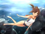 1girl brown_eyes brown_hair i-401_(kantai_collection) kantai_collection looking_at_viewer one-piece_swimsuit open_mouth ponytail sailor_collar school_swimsuit shiina_kuro smile solo swimming swimsuit swimsuit_under_clothes underwater 