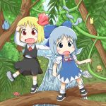  2girls bird blonde_hair blue_eyes blue_hair blush_stickers bow bush chibi cirno dress fern forest hair_bow hair_ribbon hand_on_forehead leg_lift mary_janes mihune multiple_girls mushroom nature open_mouth red_eyes ribbon rock rumia shoes short_hair skirt skirt_set snake touhou tree_branch vines water waterfall wings 