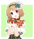  1girl apple blush bow brown_hair crown food fruit gatakenjin green_background hair_bow hairband koizumi_hanayo looking_at_viewer love_live!_school_idol_project open_mouth ribbon short_hair solo violet_eyes 