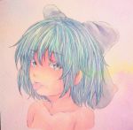  1girl :p bare_shoulders blue_eyes blue_hair bow cirno collarbone hair_bow highres looking_at_viewer pink_background portrait short_hair solo tongue tongue_out touhou traditional_media watercolor_(medium) yuyu_(00365676) 