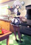  1girl apron black_legwear blue_eyes blush bow bowl braid checkered checkered_floor clock cooking finger_to_mouth food hair_bow izayoi_sakuya kitchen ladle looking_at_viewer maid maid_headdress morogami_ryou pantyhose pot short_hair silver_hair solo stove table teapot touhou twin_braids waist_apron 