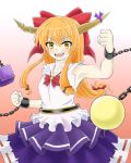  1girl blouse blush bow bowtie clenched_hands cowboy_shot cuffs gradient gradient_background hair_bow hinagami horn_bow horn_ribbon horns ibuki_suika long_hair looking_at_viewer open_mouth orange_hair ribbon shackles skirt sleeveless solo torn_clothes torn_shirt touhou yellow_eyes 