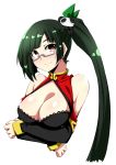  1girl bare_shoulders black_hair blazblue blush breasts bust china_dress chinese_clothes cleavage crossed_arms detached_sleeves glasses hair_ornament kaname_nagi large_breasts litchi_faye_ling long_hair looking_at_viewer red_eyes semi-rimless_glasses shiny shiny_hair side_ponytail simple_background smile solo under-rim_glasses white_background 