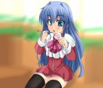  1girl blue_eyes blue_hair glass kanon kirihane long_hair minase_nayuki school_uniform sitting spoon thigh-highs 