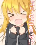  &gt;_&lt; 1girl black_serafuku blonde_hair check_commentary commentary_request fang kantai_collection long_hair necktie open_mouth rateratte satsuki_(kantai_collection) school_uniform serafuku solo translated 