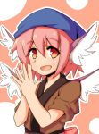  1girl animal_ears head_scarf japanese_clothes moja4192 mystia_lorelei okamisty open_mouth pink_hair red_eyes short_hair smile solo tasuki touhou wings 