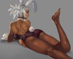  1girl animal_ears ass back bare_back barefoot bent_knees bunny_tail character_request choker corset dark_skin feet gloves league_of_legends looking_back lying ponytail rabbit_ears side_glance simple_background sketch solo tail tan whistlerx white_gloves 