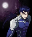  1boy blue_hair fate/stay_night fate_(series) full_moon lancer long_hair masurao_bc moon ponytail red_eyes solo 